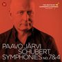 PAAVO JÄRVI SCHUBERT SYMPHONIES NO. 7 & 4. The Deutsche Kammerphilharmonie Bremen. Rote Farbgestaltung, Porträt eines Mannes.