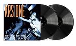 „KRS ONE, RETURN OF THE BOOM BAP“. Ein Mann rappt mit Mikrofon, daneben zwei schwarze Schallplatten., 2 LPs