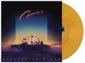 "Cannons" oben, "Everything Glows" unten. Eine orangefarbene Schallplatte neben einer Illustration mit Band auf einem Auto.