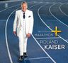 "MARATHON + ROLAND KAISER" in Weiß und Gold. Ein freundlich lächelnder Mann im weißen Anzug läuft auf einer blauen Laufbahn., CD