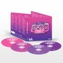 "NOW 12'' 80s 1987" auf einem CD-Cover und vier CDs, jede in Schattierungen von Pink und Lila, mit Tracklisten.