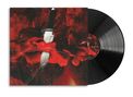 Ein Messer in einem roten Hintergrund, daneben eine schwarze Vinyl-Schallplatte., LP