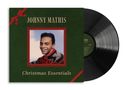 "JOHNNY MATHIS" oben, "Christmas Essentials" unten. Porträt von Mann in rotem Rahmen. Schwarze Schallplatte rechts., LP