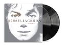 Text: "MICHAEL JACKSON INVINCIBLE". Porträt eines Gesichts in Grau. Zwei Schallplatten dahinter. Albumcover., 2 LPs