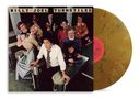 "BILLY JOEL TURNSTILES" oben. Menschen an Drehkreuzen in einem U-Bahn-Setting, eine farbige Schallplatte daneben., LP