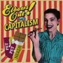 „Elbows Out! this is CAPITALISM“. Retro-Illustration einer Frau mit Schokolade, gestreifter Hintergrund, drei Schokoladentafeln., LP