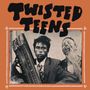 Text: "TWISTED TEENS". Zwei Personen, eine hält ein Musikinstrument, die andere lacht. Orange Hintergrund, verspielter Rahmen., CD