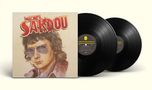 "Michel Sardou" in großen Buchstaben auf einem Albumcover mit einem Porträt eines Mannes und zwei schwarzen Schallplatten., 2 LPs