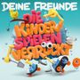 "Deine Freunde: Die Kinder spielen verrückt" in bunten, verspielten Buchstaben mit skurrilen Elementen wie Skateboard und gelbem Vogel., LP