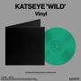 "KATSEYE 'WILD' Vinyl" steht oben, darunter schwarze Schallplattenhülle und grüne Vinyl. Unten: (1) Gatefold (2) Vinyl (3) Sleeve (4) Photocard., LP