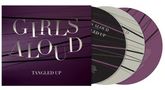 Text: "GIRLS ALOUD", "TANGLED UP". Mehrere CDs in violetten und grauen Tönen mit abstrakten Linien., 3 CDs