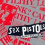 "Sex Pistols, Filthy Lucre Live" in dynamischer Schrift, umgeben von roten Zeitungsausschnitten.