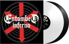 Text: "Entombed Inferno" in gotischer Schrift. Schwarze und weiße Vinyl-Schallplatten, rotes Symbol im Hintergrund.