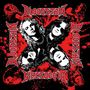 Der Text "BLOODSTAIN" steht mehrmals in roter Schrift. Schwarze Hintergründe mit roten Spritzern und Gesichtern in einem Rock-Stil., LP