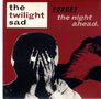 "the twilight sad" und "FORGET the night ahead." Illustration mit Person, die Hände vor Gesicht hält, dunkle und rote Töne.