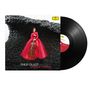 "Philip Glass for Cello", "Camille Thomas". Frau in rotem Kleid vor abstrakter, schwarzer Struktur, hält ein Cello. Vinyl-Schallplatte., LP