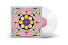 Ein CD-Cover mit geometrischem Design: Rosa, gelbe, blaue Formen und konzentrische Muster auf grauem Hintergrund., LP