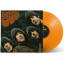 "Rubber Soul" in geschwungenem Schriftzug. Vier Männer mit langen Haaren und brauner Kleidung, orangefarbene Vinylplatte., LP