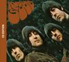 "RUBBER SOUL" in großer brauner Schrift oben. Links steht "CD EDITION". Vier Männer mit schulterlangem Haar schauen schräg., CD