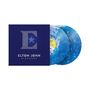 Schriftzug "ELTON JOHN DIAMONDS" auf dunkelblauer Hülle, zwei blaue Vinyl-Schallplatten daneben., 2 LPs