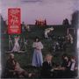 "The Last Dinner Party" und "The Gist" im roten Banner. Menschen vor einem brennenden Hügel, kunstvoll arrangiert., LP