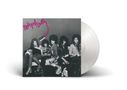 "New York Dolls" in pink, fünf Personen in auffälliger Kleidung auf einem Sofa. Vinyl-Schallplatte detailliert rechts., LP