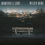 "MUMFORD & SONS" und "WILDER MIND" oben. Eine Bank vor einer Stadt bei Nacht im Hintergrund.
