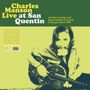 „Charles Manson Live at San Quentin“ in gelber Schrift, Text über Musikaufnahme 1983. Schwarz-weiß Foto eines Mannes mit Gitarre., LP