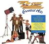 „ZZ Top Greatest Hits“ oben. Text: „Their multi-platinum compilation available on CD again...“ Unten Menschen in auffälliger Kleidung., CD