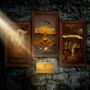 In der Mitte: "Hoc tempus absumam", links: "Aurelia in silva", rechts: "Nihil veret". Drei Gemälde an einer Steinwand., 2 LPs