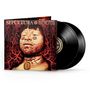 "SEPULTURA ROOTS." Eine Illustration zeigt ein Gesicht mit traditionellen Mustern und roten, verwobenen Zweigen. Zwei Schallplatten.