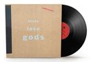 Text: "hindu love gods". Eine Schallplatte ragt aus einem minimalistischen, kartonfarbenen Albumcover hervor., LP