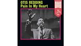 "OTIS REDDING Pain In My Heart". Schwarz-weißes Foto von einem Mann am Mikrofon mit erhobener Hand, umrandet in Pink.