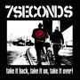 Logo "7SECONDS". Darunter: "take it back, take it on, take it over!". Zwei Personen mit Fahrrad auf einer Straße., LP