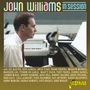 "John Williams in session" in bunten Buchstaben, eine Person spielt Klavier in einem Aufnahmestudio., CD