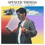"SPENCER THOMAS, CYNICAL VISION." Mann im Anzug mit Handy, leuchtender Bildschirm. Bunte Wolken, Vögel und Flugzeug im Hintergrund.