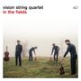 „vision string quartet in the fields“ steht in schlichter Schrift. Vier Männer mit Streichinstrumenten auf nebliger Wiese.