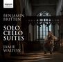 Links oben: "signum CLASSICS". Text: "BENJAMIN BRITTEN SOLO CELLO SUITES JAMIE WALTON". Ein Mann spielt Cello in einer Kirche.