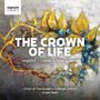 Text: "THE CROWN OF LIFE" - Leighton, Clarke, Holst, Darke. Malerei mit gelben Blumen und blauen Elementen., CD