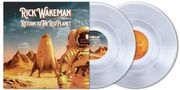 "Rick Wakeman & The English Rock Ensemble: Return to the Red Planet" ist in großen, auffälligen Buchstaben zu lesen. Die Illustration zeigt einen Astronauten und eine Rakete auf einer marsähnlichen Landschaft. Zwei transparente Vinyl-Schallplatten sind daneben abgebildet., 2 LPs