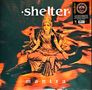 Texte: "shelter", "mantra". Illustration einer sitzenden Gestalt mit mehreren Armen, in traditioneller Kleidung und Kopfschmuck., LP