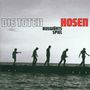 "DIE TOTEN HOSEN AUSWÄRTSSPIEL" in großen Buchstaben. Silhouetten von fünf Personen auf einem Steg über dem Meer.