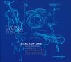 Texte: "STRING THEORY", "MARC COPLAND", Musikerliste, "innerVoiceJazz NEW YORK". Skizzen von Instrumenten auf blauem Hintergrund., CD