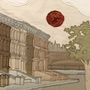 Illustration einer städtischen Szene mit Gebäuden, einem großen Baum und einer stilisierten roten Sonne im Hintergrund., LP