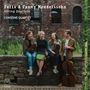 Felix & Fanny Mendelssohn String Quartets, CONSONE QUARTET. Vier Personen mit Instrumenten vor einer Backsteinmauer.