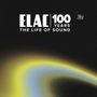 "ELAC 100 YEARS THE LIFE OF SOUND" steht oben. Unten gibt es gelb-blau verlaufende Farbwellen auf schwarzem Hintergrund.