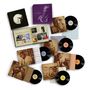 Mehrere Schallplatten und Albumhüllen mit Bildern von einem Mann, lila Box mit weißem Profilgesicht., 6 LPs