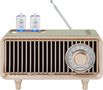 Ein Retro-Radio mit goldenen Beinen, zwei sichtbaren Röhren und einer kreisförmigen Skala mit rotem Zeiger.