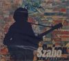 „Szabo In Budapest“ in großen, stilisierten Buchstaben. Silhouette eines Gitarristen vor bunter Stadtkulisse.