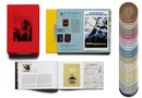 Roter Schuber, Buchseiten über "2001: a space odyssey" und "Full Metal Jacket", Sammlung von farbigen Kreisen.